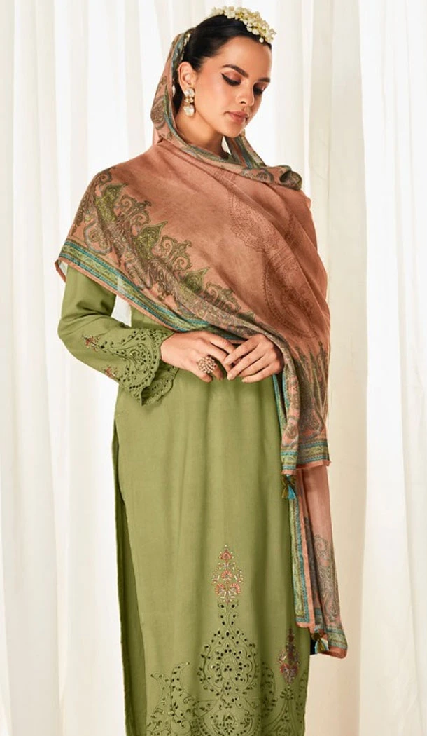 Modal Silk Embroidery Work Pakistani Salwar Kameez In Mehendi Green - 8674183643