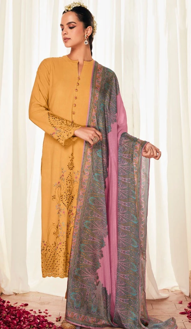 Modal Silk Embroidery Work Pakistani Salwar Kameez In Yellow - 8674183644