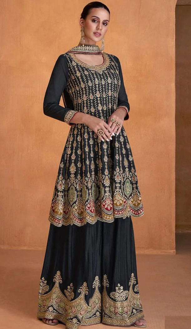Embroidery Work Georgette Pakistani Blue Designer Sharara Suit - 8687183698