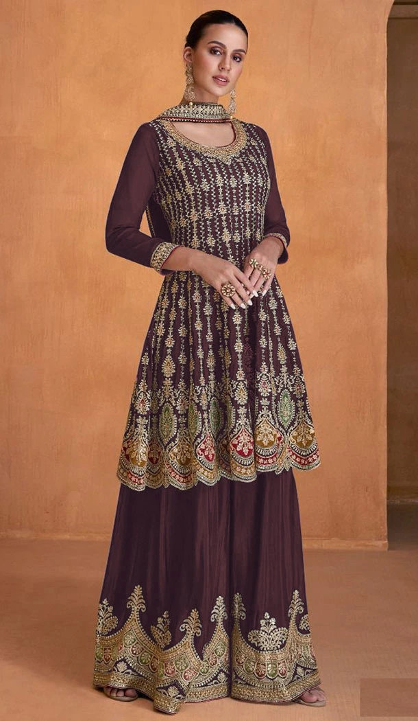 Embroidery Work Georgette Pakistani Wine Designer Sharara Suit - 8687183699