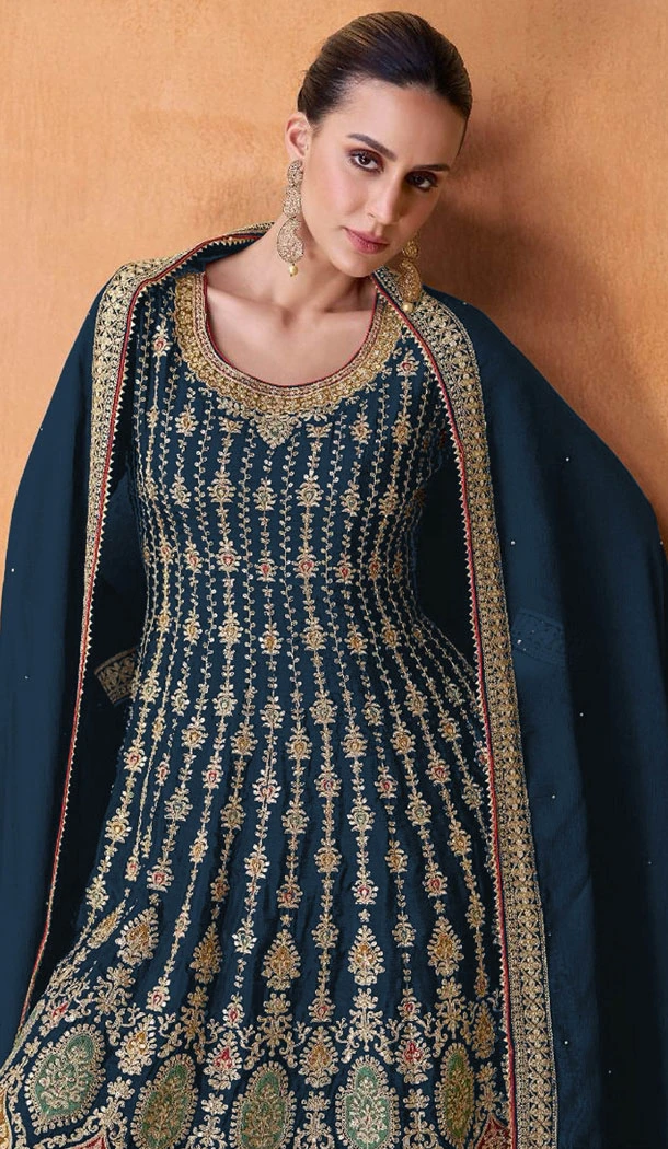 Embroidery Work Georgette Pakistani Aqua Blue Designer Sharara Suit - 8687183700