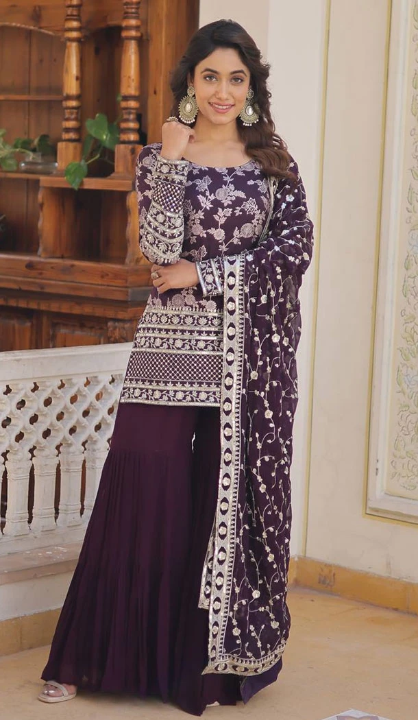 Viscose Jacquard Zari Embroidery Work Readymade Sharara Suit In Purple - 8693183727