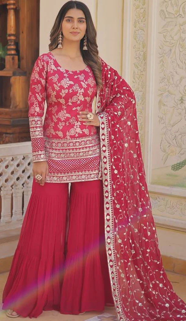 Viscose Jacquard Zari Embroidery Work Readymade Sharara Suit In Rani Pink - 8693183728