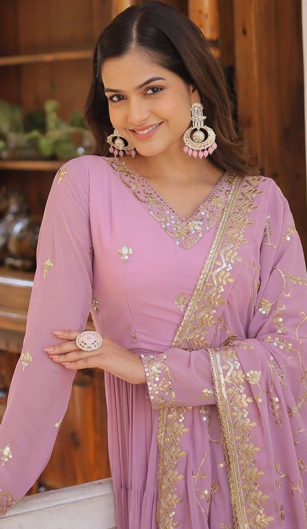 Lavender Faux Georgette Embroidered Readymade Gown Suit - 8694183729