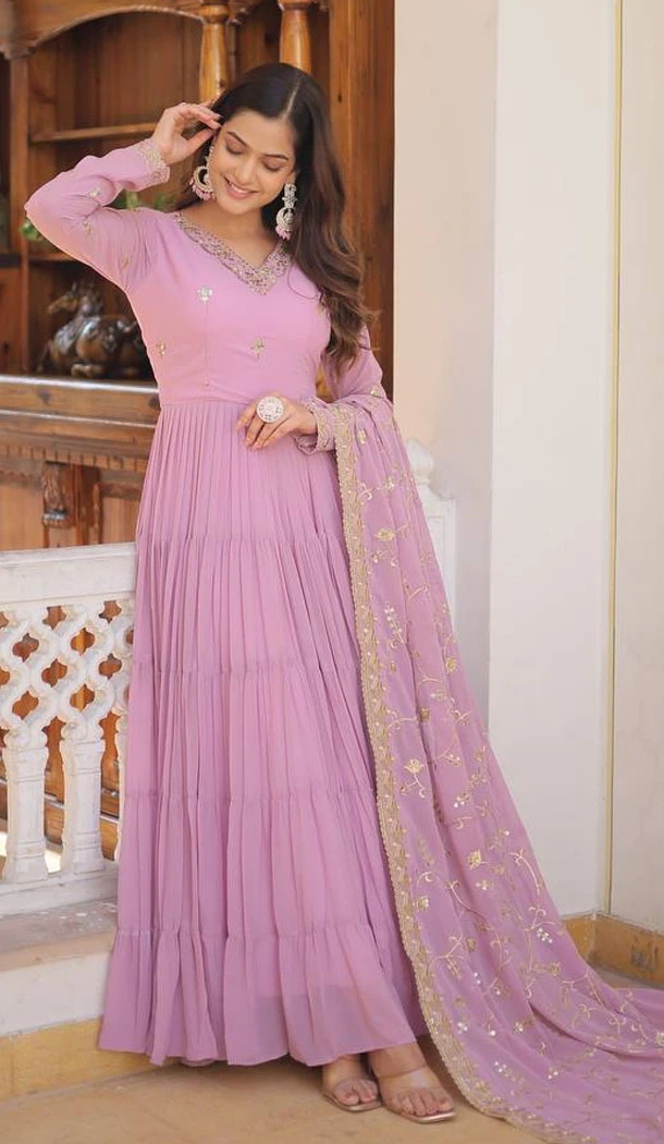 Lavender Faux Georgette Embroidered Readymade Gown Suit - 8694183729
