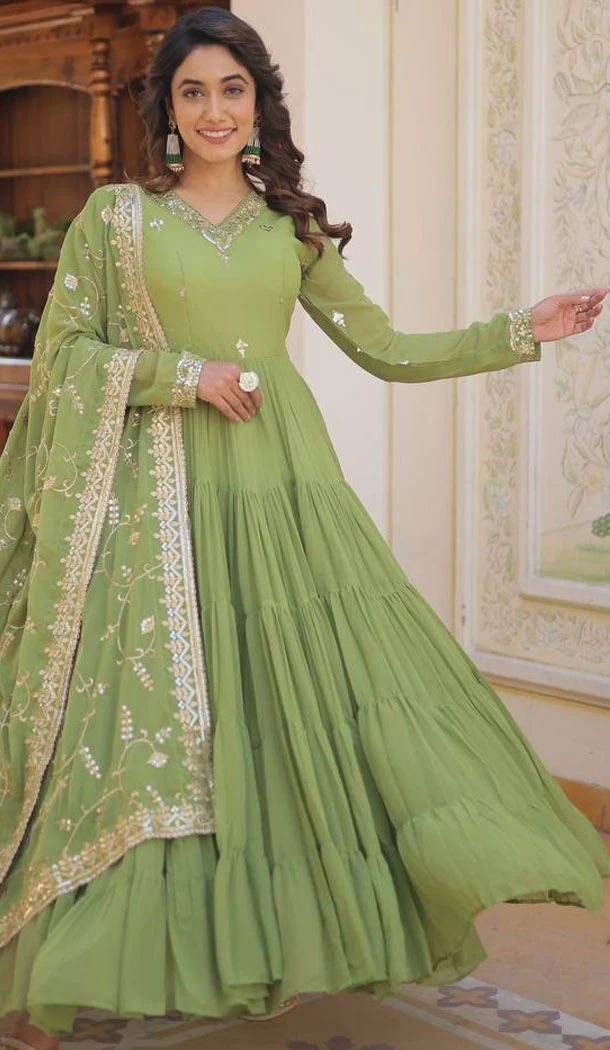 Pista Green Faux Georgette Embroidered Readymade Gown Suit - 8694183730