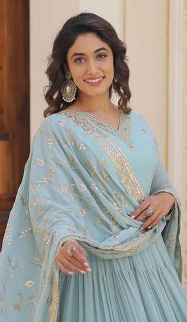 Sky Blue Faux Georgette Embroidered Readymade Gown Suit - 8694183731