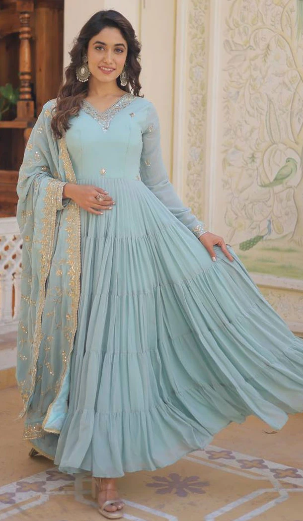 Sky Blue Faux Georgette Embroidered Readymade Gown Suit - 8694183731