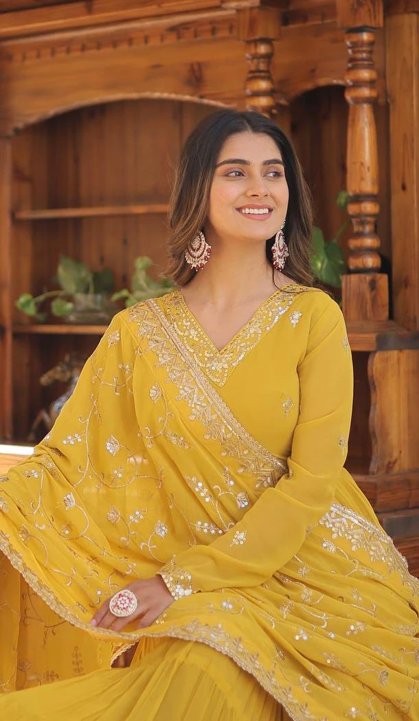 Yellow Faux Georgette Embroidered Readymade Gown Suit - 8694183732