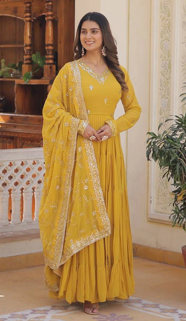 Yellow Faux Georgette Embroidered Readymade Gown Suit - 8694183732