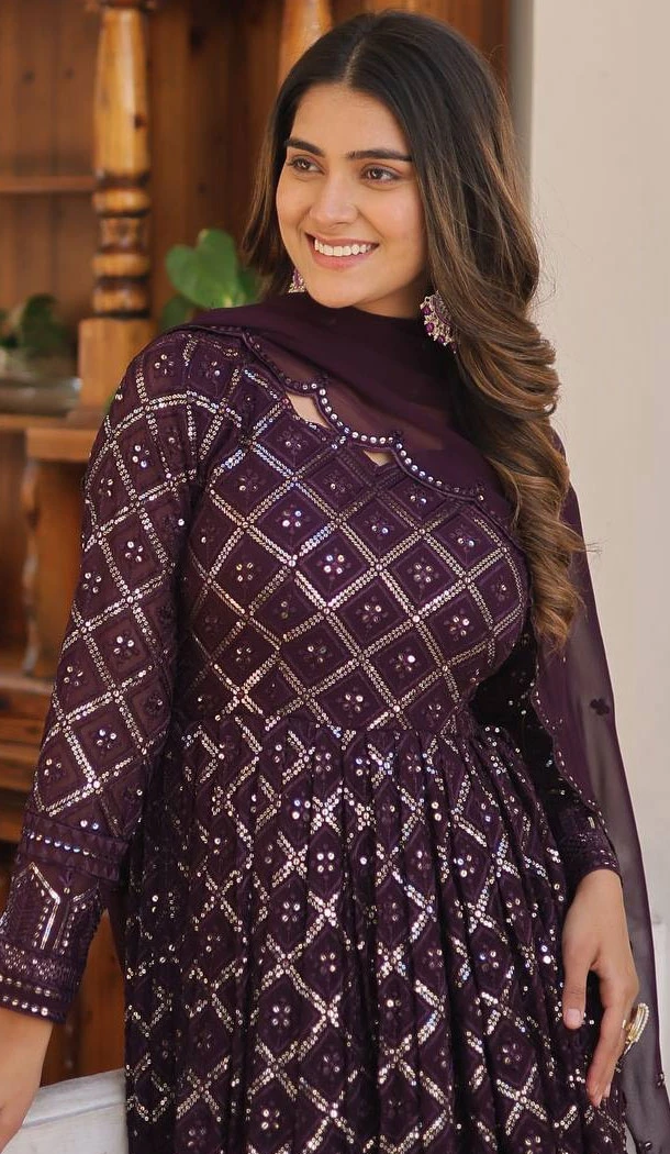 Classy Purple Embroidered Faux Blooming Readymade Gown Suit - 8695183733