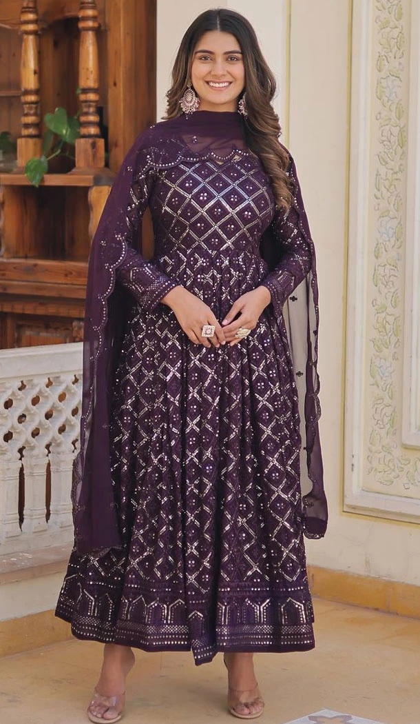 Classy Purple Embroidered Faux Blooming Readymade Gown Suit - 8695183733