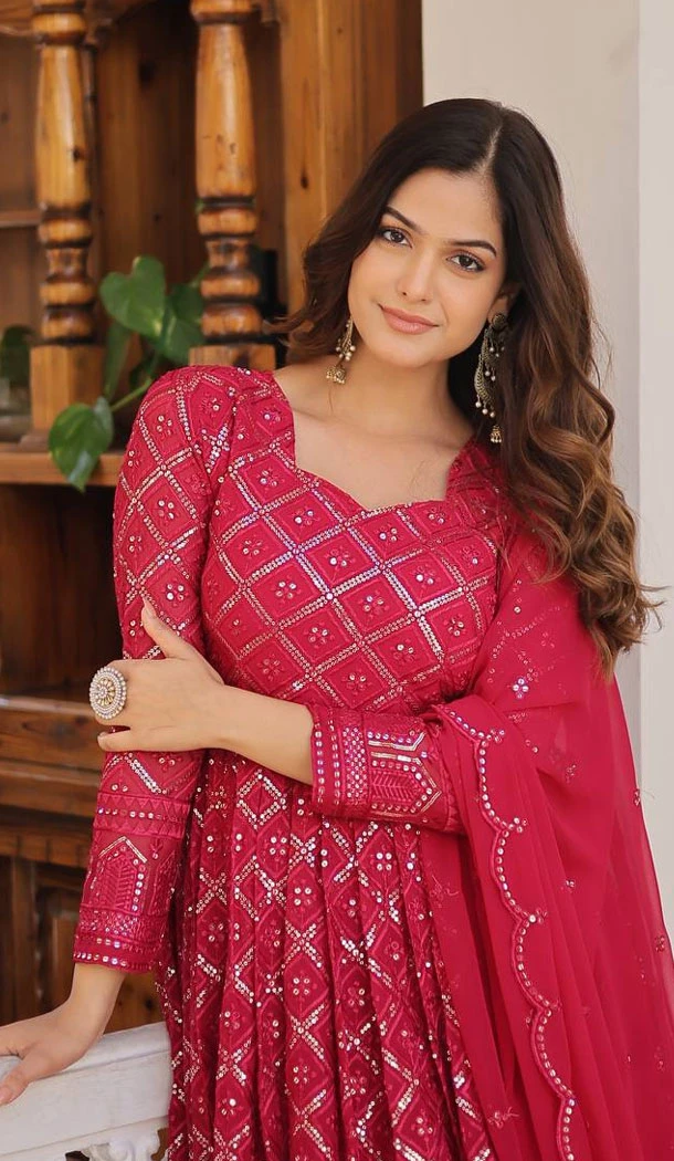 Beautiful Rani Pink Embroidered Faux Blooming Readymade Gown Suit - 8695183734