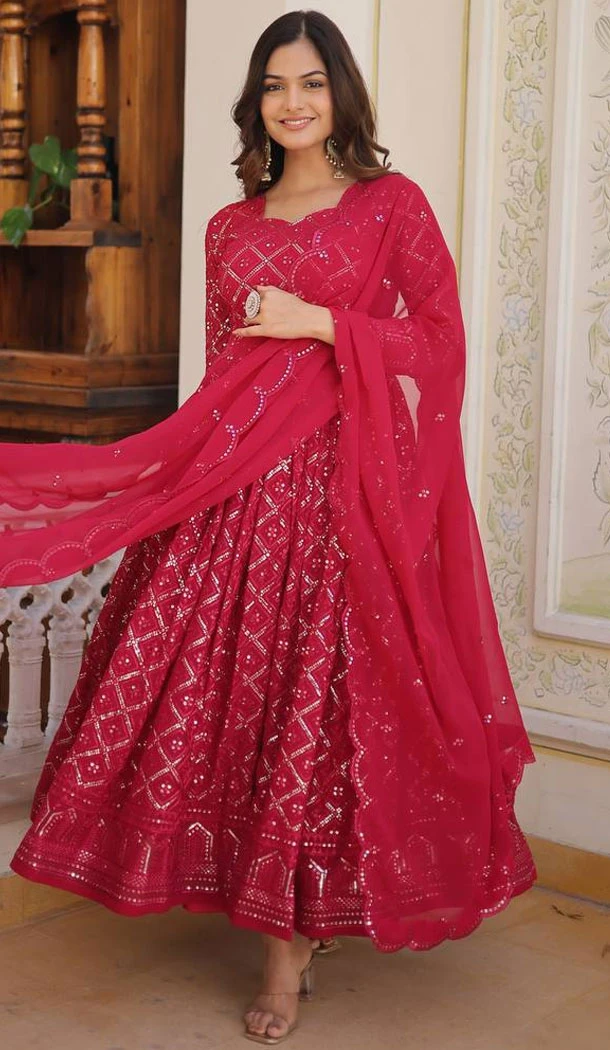 Beautiful Rani Pink Embroidered Faux Blooming Readymade Gown Suit - 8695183734