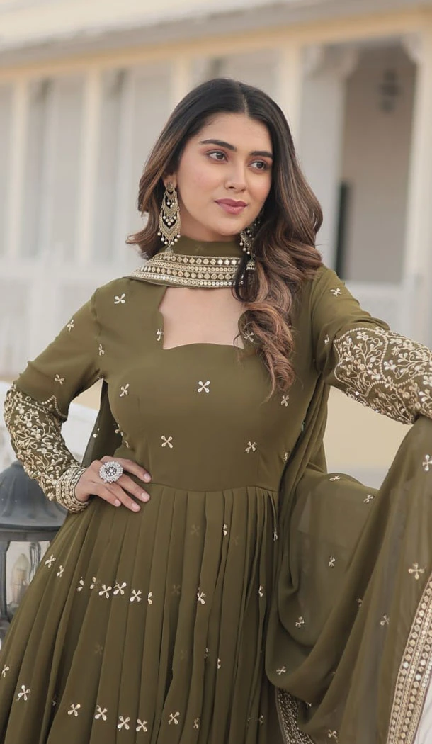 Faux Georgette Mehendi Green Sequins Work Readymade Gown Suit - 8696183735