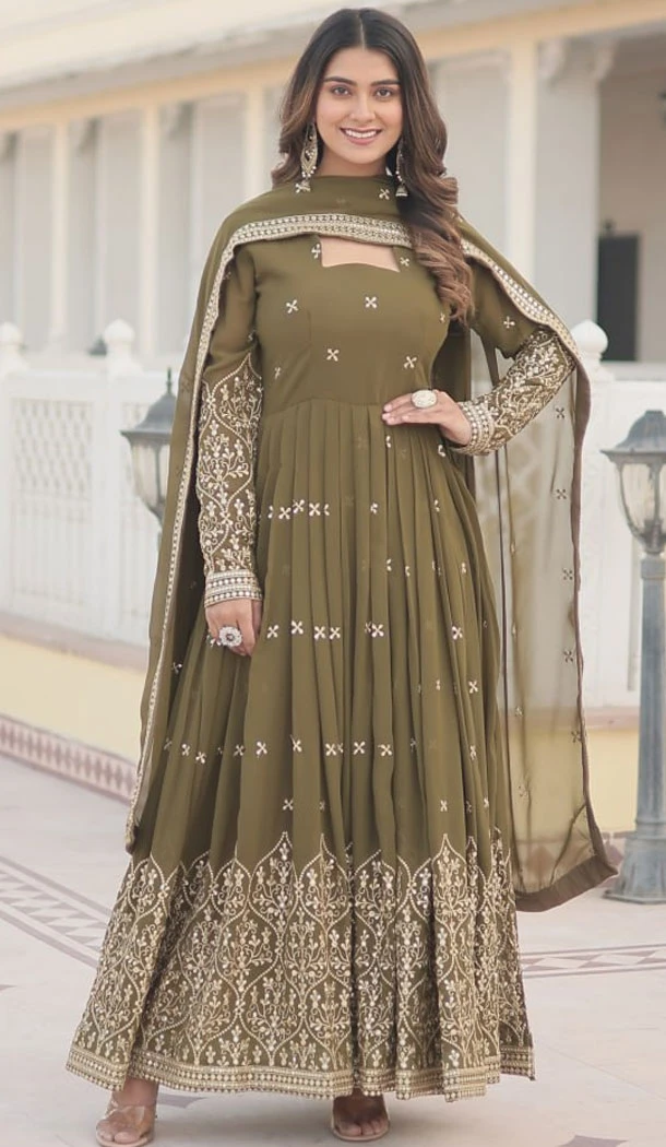 Faux Georgette Mehendi Green Sequins Work Readymade Gown Suit - 8696183735