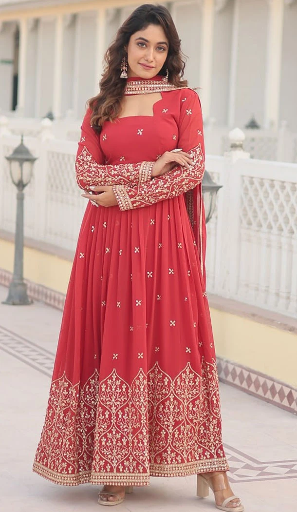 Faux Georgette Orange Red Sequins Work Readymade Gown Suit - 8696183736
