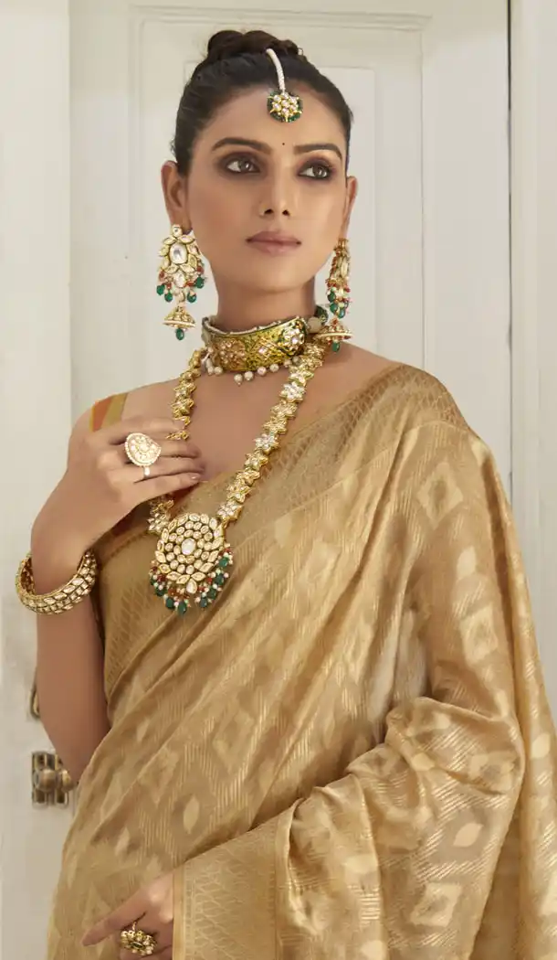 Gold Color Weaving Work Organza Silk Indian Saree - 8707183835