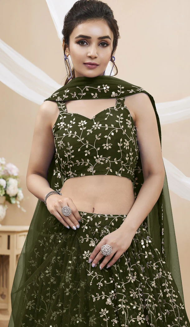 Georgette With Zari Embroidery Work Green Party Wear Lehenga Choli - 8708183840