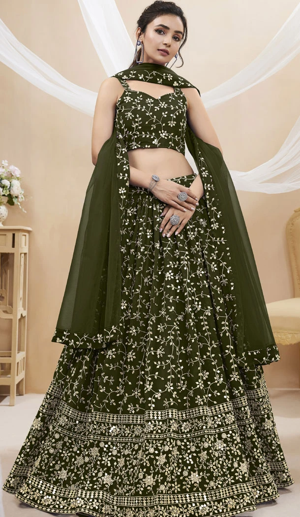 Georgette With Zari Embroidery Work Green Party Wear Lehenga Choli - 8708183840