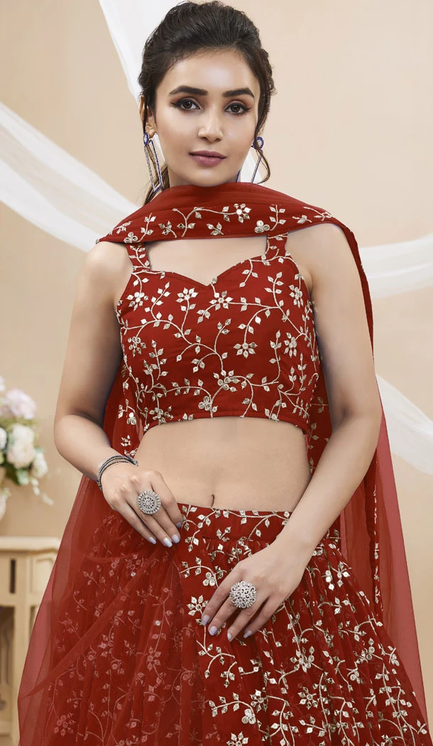 Georgette With Zari Embroidery Work Red Party Wear Lehenga Choli - 8708183842