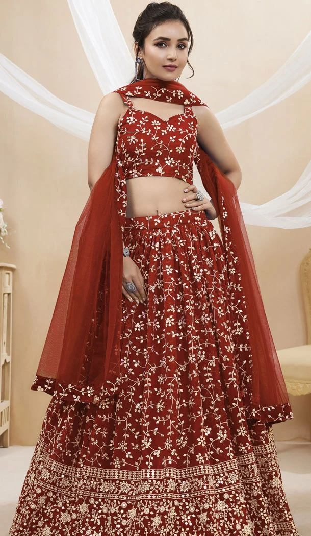 Georgette With Zari Embroidery Work Red Party Wear Lehenga Choli - 8708183842
