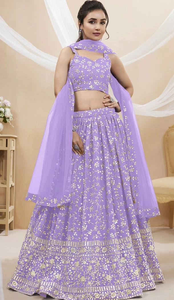 Georgette With Zari Embroidery Work Lavender Party Wear Lehenga Choli - 8708183844
