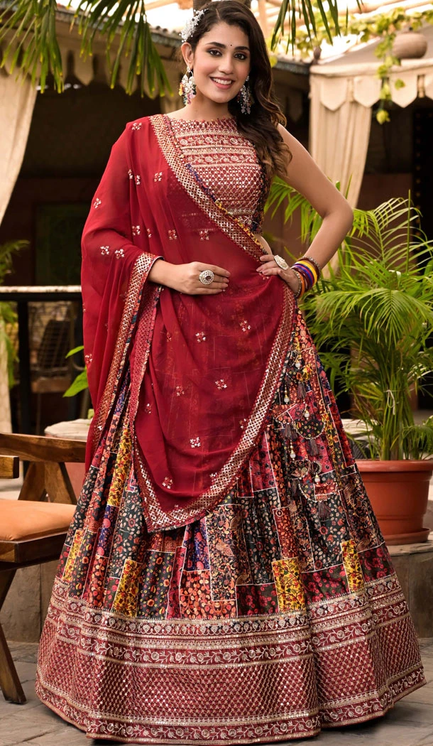 Dull Satin Digital Print Work Navratri Lehenga Choli In Multi Color - 8713183863