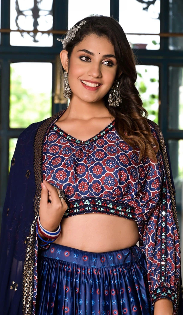 Dull Satin Digital Print Work Navratri Lehenga Choli In Blue Color - 8713183864