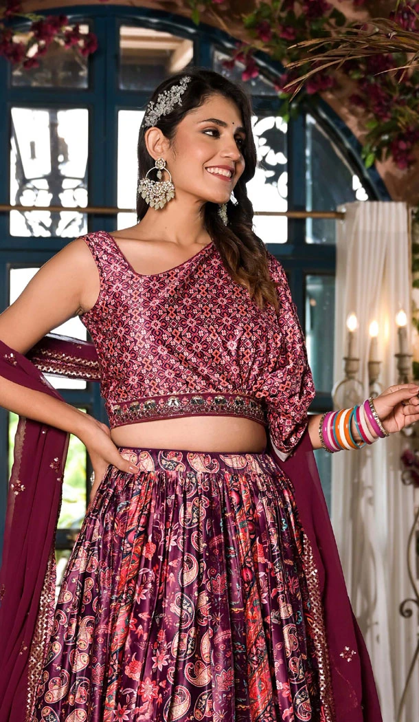 Dull Satin Digital Print Work Navratri Lehenga Choli In Mulberry Color - 8713183865