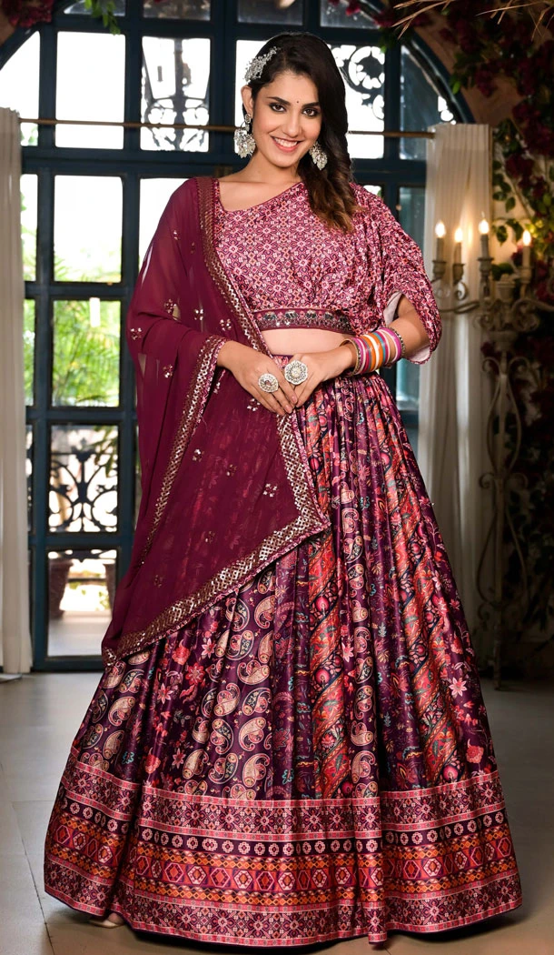 Dull Satin Digital Print Work Navratri Lehenga Choli In Mulberry Color - 8713183865