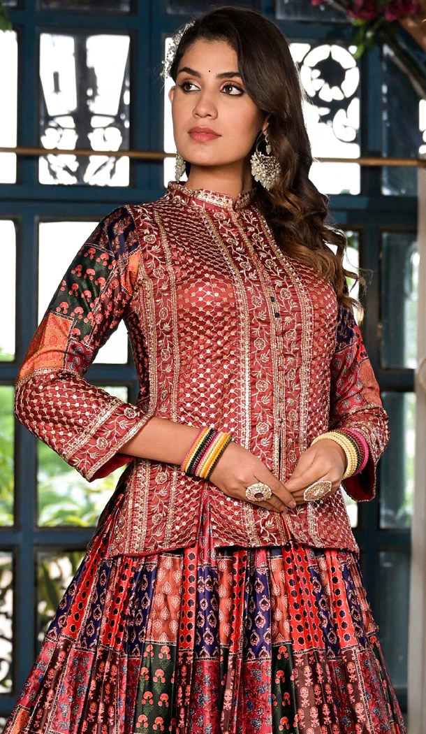 Multi Color Dull Satin Digital Print Work Navratri Lehenga Choli - 8713183866
