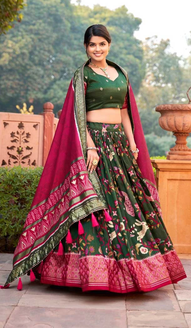 Tussar Silk Foil Print Work Navratri Wear Chaniya Choli in Green -8731183955