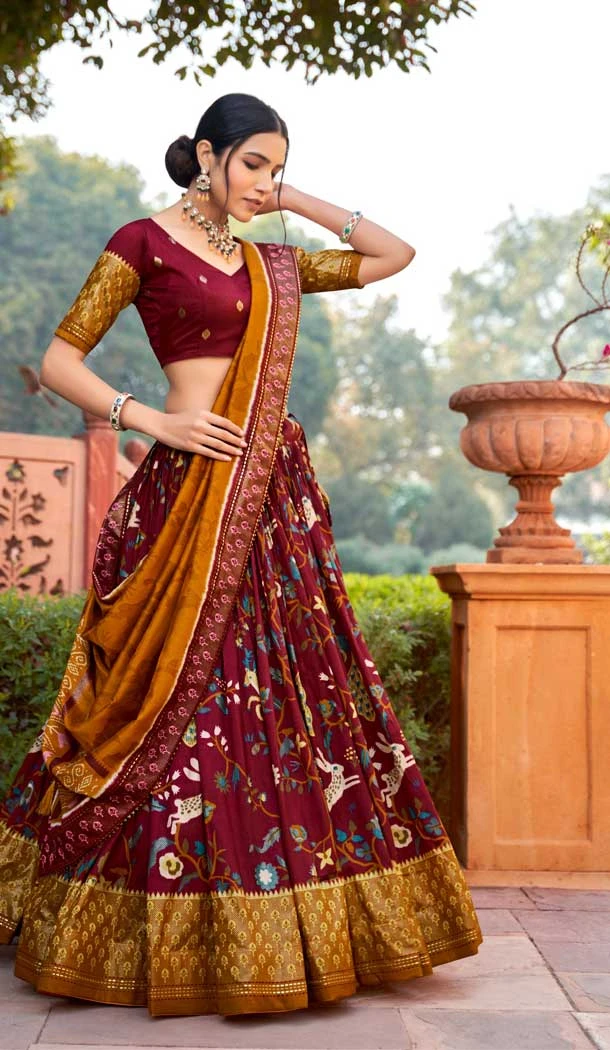 Tussar Silk Foil Print Work Navratri Wear Chaniya Choli in Maroon -8731183956
