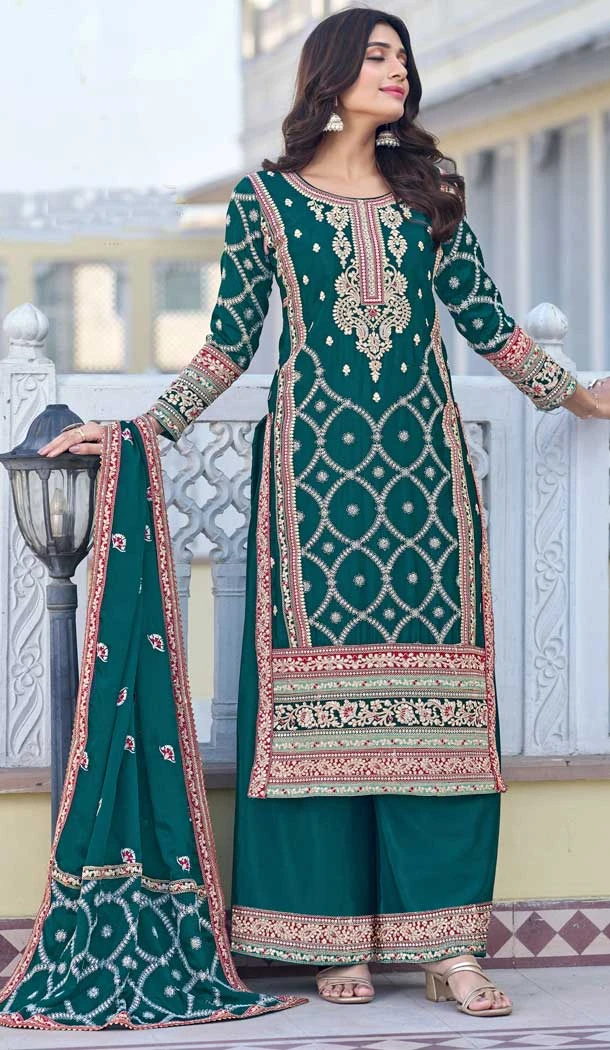Green Color Chinon Silk Embroidered Work Pakistani Palazzo Suit -8744183987