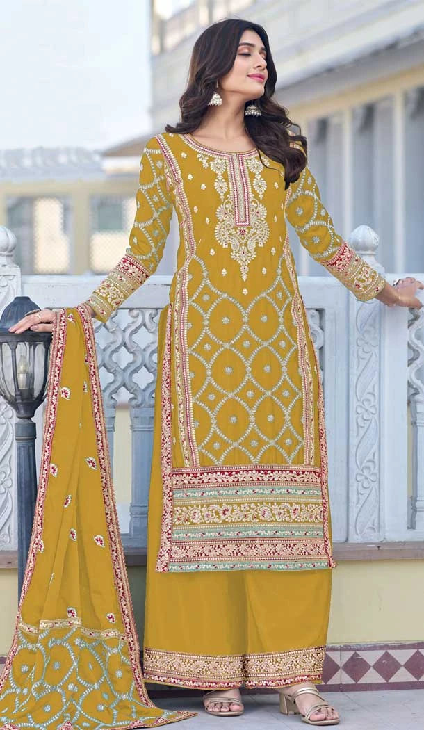 Yellow Color Chinon Silk Embroidered Work Pakistani Palazzo Suit -8744183988