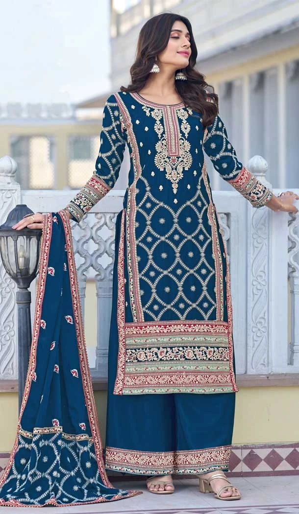 Blue Color Chinon Silk Embroidered Work Pakistani Palazzo Suit -8744183989