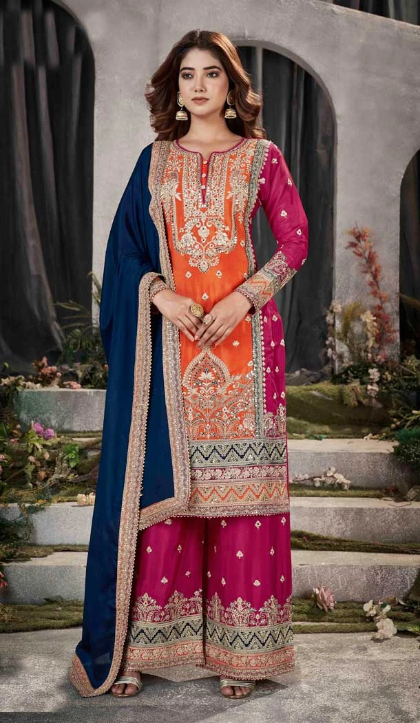 Chinnon Embroidery Work Pakistani Palazzo Suit in Orange Pink -8747183999