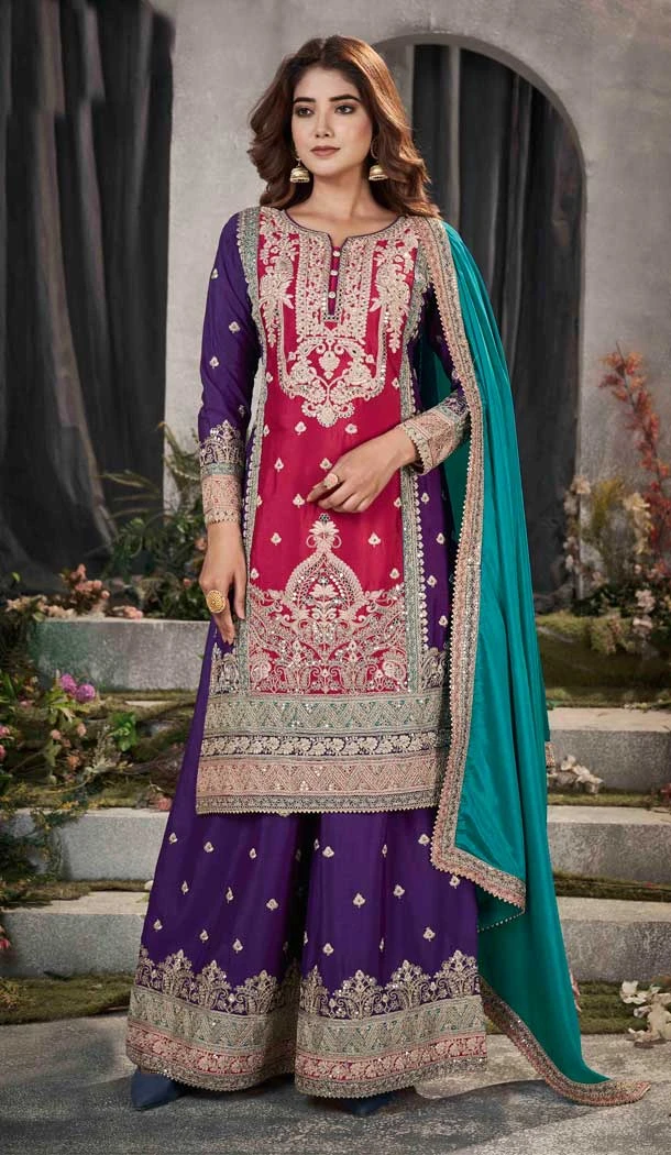 Chinnon Embroidery Work Pakistani Palazzo Suit in Purple -8747184000
