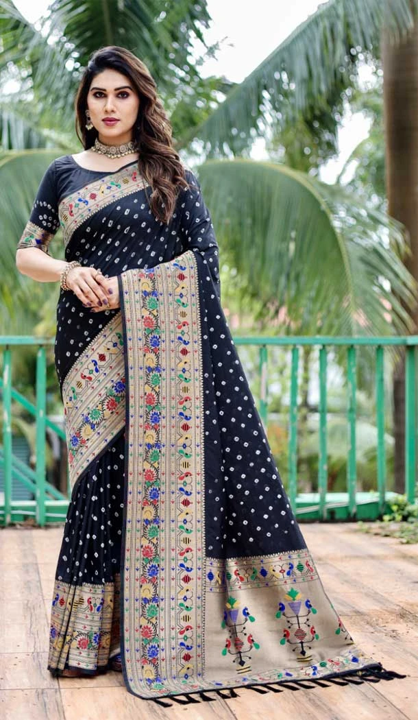 Pure Bandhej Silk Weaving Work Traditional Wear Saree in Black -8788184161