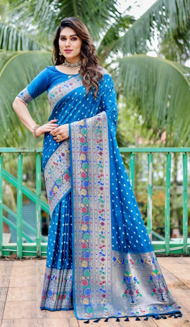 Pure Bandhej Silk Weaving Work Traditional Wear Saree in Blue -8788184162