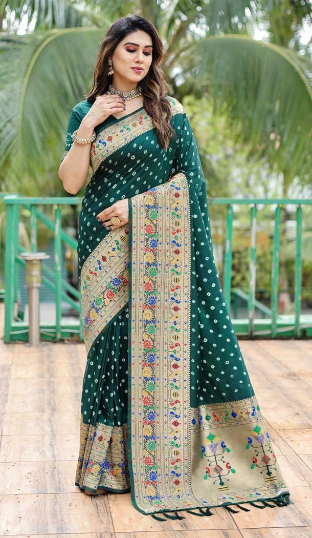 Pure Bandhej Silk Weaving Work Traditional Wear Saree in Green -8788184163