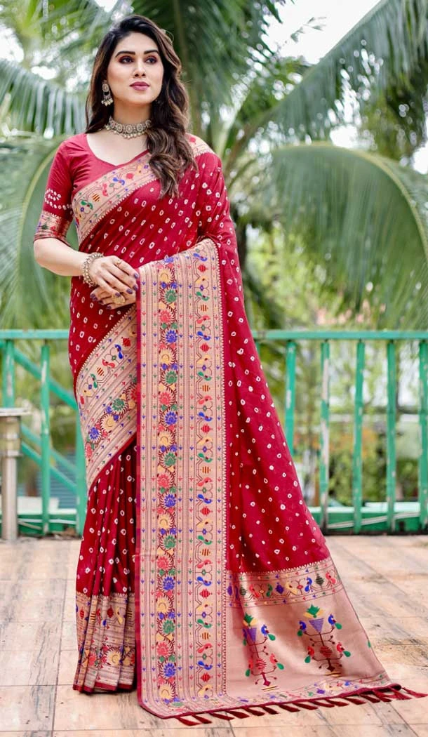 Pure Bandhej Silk Weaving Work Traditional Wear Saree in Maroon -8788184164
