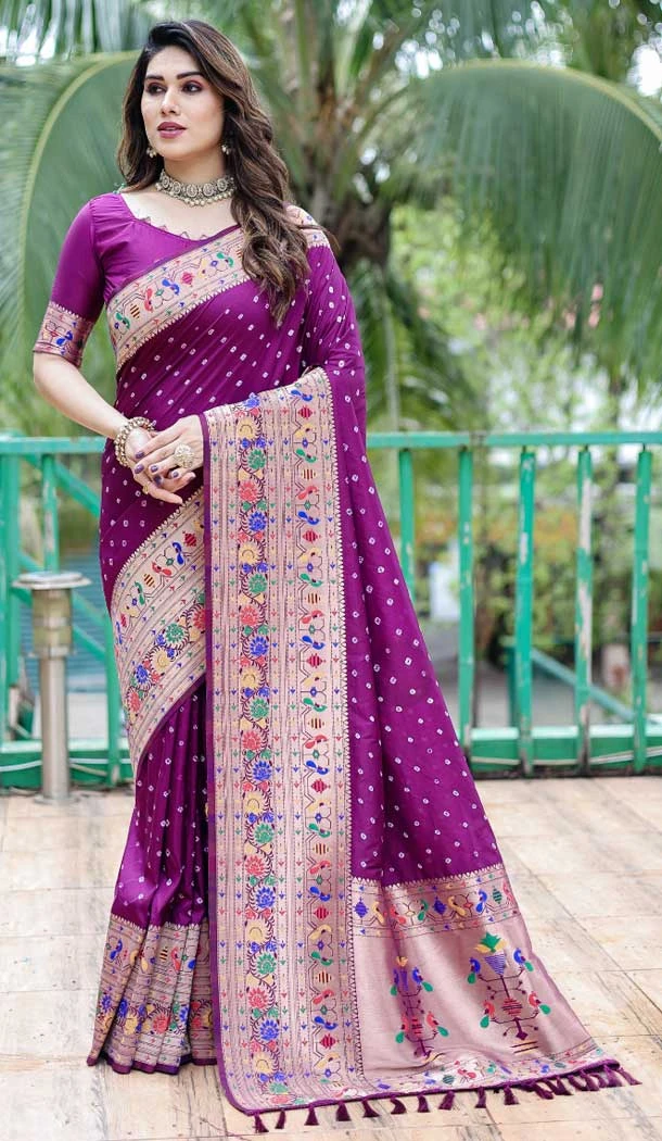 Pure Bandhej Silk Weaving Work Traditional Wear Saree in Purple -8788184165