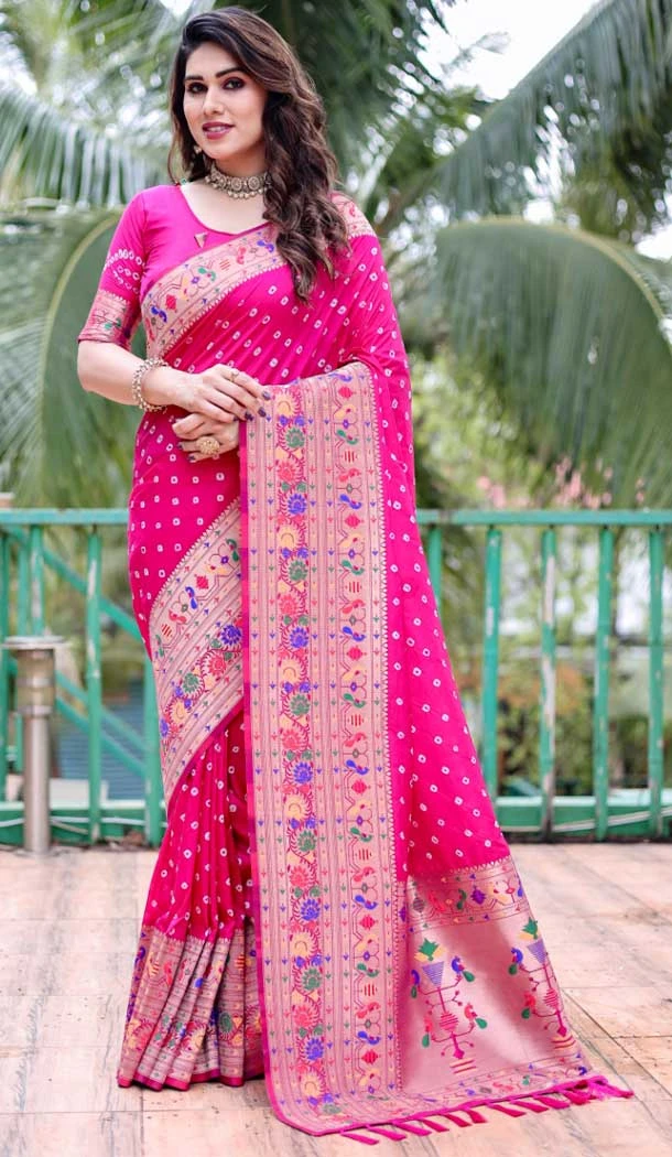 Pure Bandhej Silk Weaving Work Traditional Wear Saree in Pink -8788184166