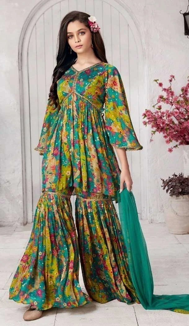 Muslin Silk Foil Print Work Designer Kids Girls Sharara Suit in Mint Green -8825184359