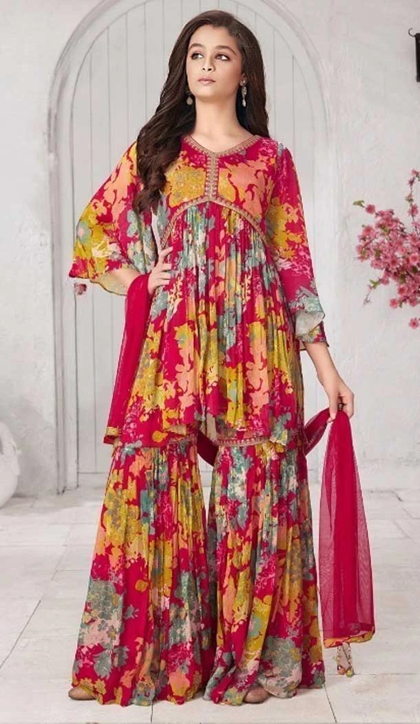 Muslin Silk Foil Print Work Designer Kids Girls Sharara Suit in Rani Pink -8825184361