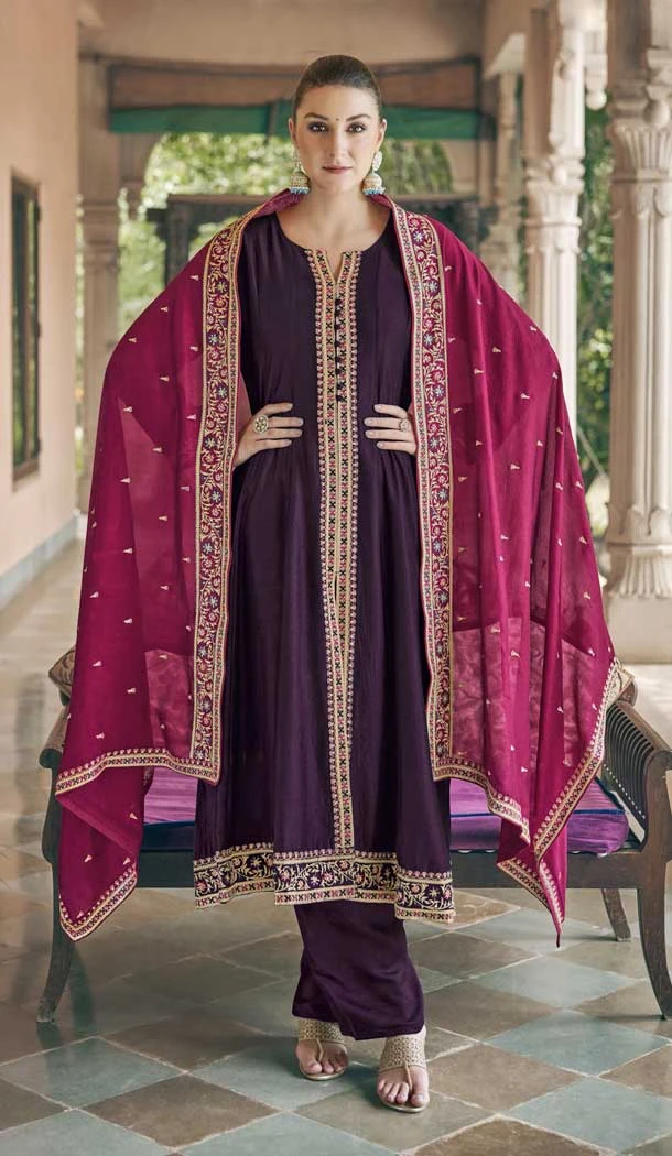 Premium Silk Embroidery Work Pakistani Salwar Suit in Purple -8849184464