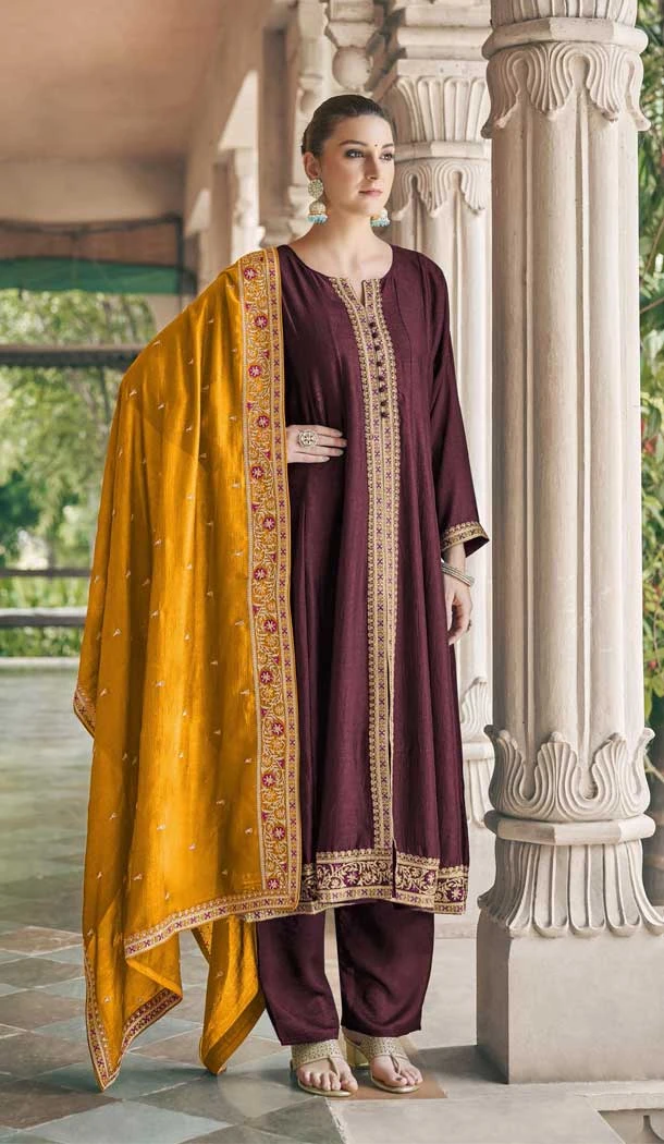 Premium Silk Embroidery Work Pakistani Salwar Suit in Coffee -8849184465