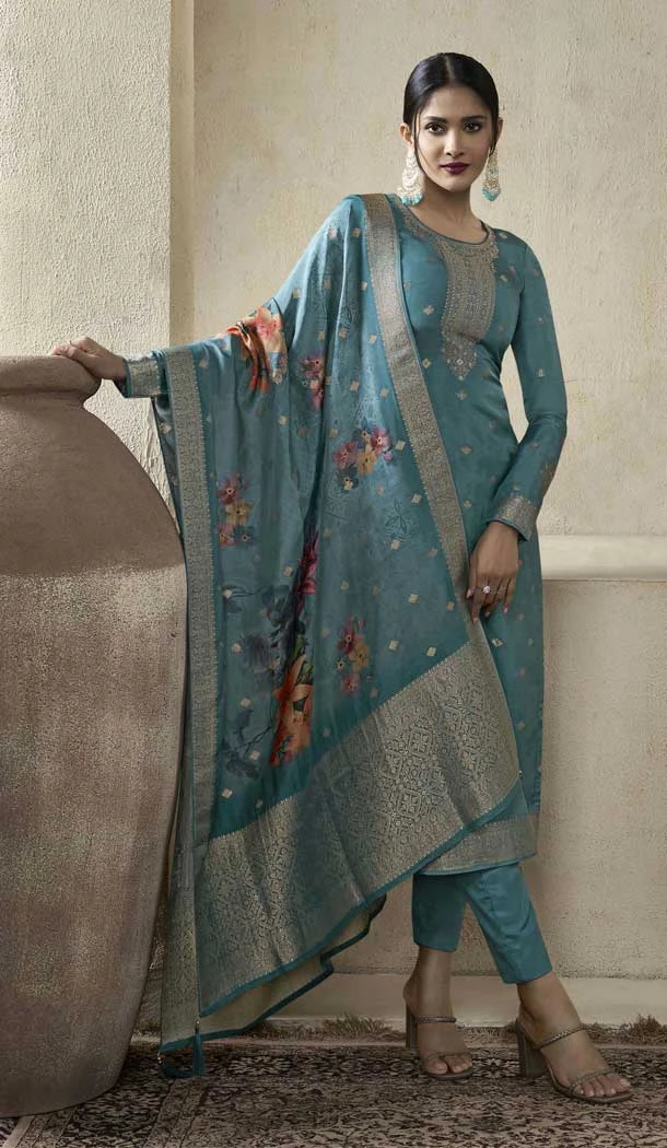 Viscose Jacquard Zari Work Party Wear Salwar Suit in Sky Blue -8850184467